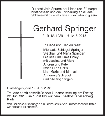 Traueranzeige von Gerhard Springer von SÜDWEST PRESSE Ausgabe Ulm/Neu-Ulm