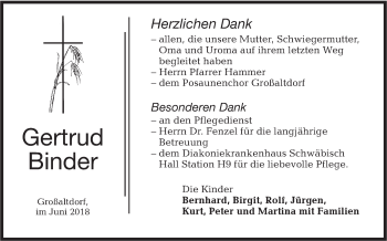 Traueranzeige von Gertrud Binder von Haller Tagblatt