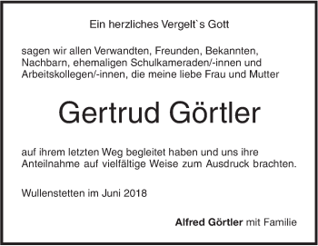 Traueranzeige von Gertrud Görtler von SÜDWEST PRESSE Ausgabe Ulm/Neu-Ulm