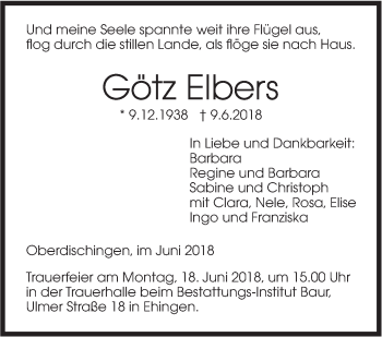 Traueranzeige von Götz Elbers von SÜDWEST PRESSE Ausgabe Ulm/Neu-Ulm