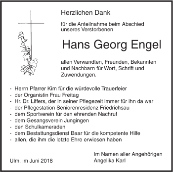 Traueranzeige von Hans Georg Engel von SÜDWEST PRESSE Ausgabe Ulm/Neu-Ulm