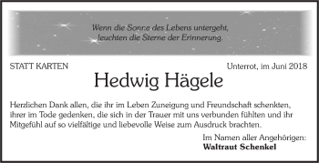 Traueranzeige von Hedwig Hägele von Rundschau Gaildorf