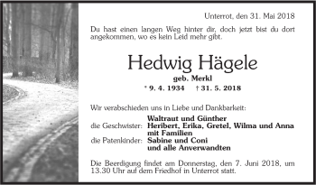 Traueranzeige von Hedwig Hägele von Rundschau Gaildorf