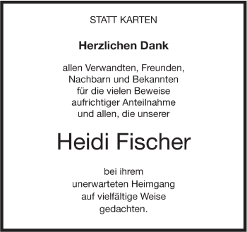 Traueranzeige von Heidi Fischer von NWZ Neue Württembergische Zeitung