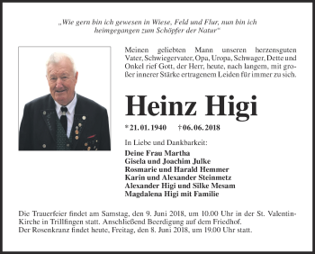 Traueranzeige von Heinz Higi von Hohenzollerische Zeitung