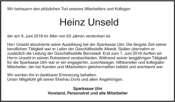 Traueranzeige von Heinz Unseld von SÜDWEST PRESSE Ausgabe Ulm/Neu-Ulm