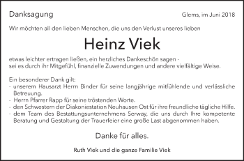 Traueranzeige von Heinz Viek von Metzinger-Uracher Volksblatt