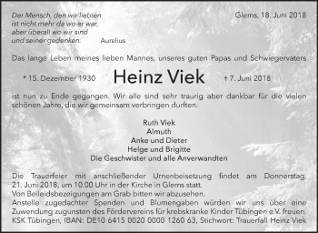 Traueranzeige von Heinz Viek von Metzinger-Uracher Volksblatt