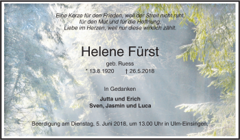 Traueranzeige von Helene Fürst von SÜDWEST PRESSE Ausgabe Ulm/Neu-Ulm