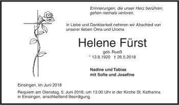 Traueranzeige von Helene Fürst von SÜDWEST PRESSE Ausgabe Ulm/Neu-Ulm