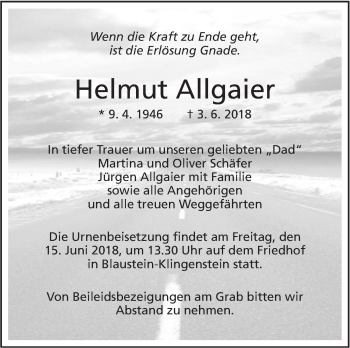 Traueranzeige von Helmut Allgaier von SÜDWEST PRESSE Ausgabe Ulm/Neu-Ulm