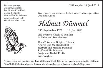 Traueranzeige von Helmut Dümmel von Alb-Bote/Metzinger-Uracher Volksblatt