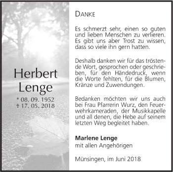 Traueranzeige von Herbert Lenge von Alb-Bote/Metzinger-Uracher Volksblatt