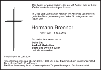 Traueranzeige von Hermann Brenner von Ehinger Tagblatt