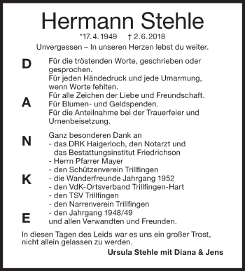 Traueranzeige von Hermann Stehle von Hohenzollerische Zeitung