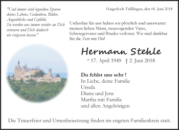 Traueranzeige von Hermann Stehle von Hohenzollerische Zeitung