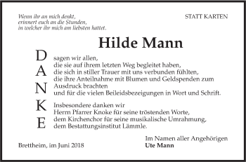 Traueranzeige von Hilde Mann von Hohenloher Tagblatt