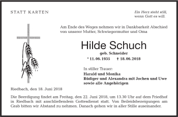 Traueranzeige von Hilde Schuch von Hohenloher Tagblatt