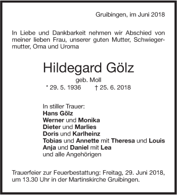 Traueranzeige von Hildegard Gölz von NWZ Neue Württembergische Zeitung