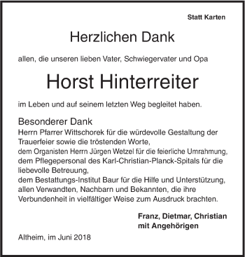 Traueranzeige von Horst Hinterreiter von Ehinger Tagblatt