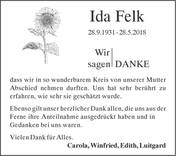 Traueranzeige von Ida Felk von SÜDWEST PRESSE Ausgabe Ulm/Neu-Ulm