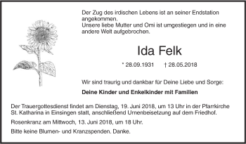 Traueranzeige von Ida Felk von SÜDWEST PRESSE Ausgabe Ulm/Neu-Ulm