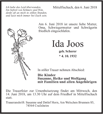 Traueranzeige von Ida Joos von Haller Tagblatt