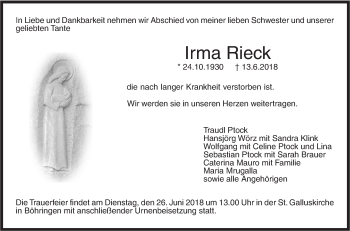 Traueranzeige von Irma Rieck von Metzinger-Uracher Volksblatt