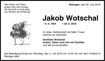 Traueranzeige von Jakob Wotschal von Hohenzollerische Zeitung