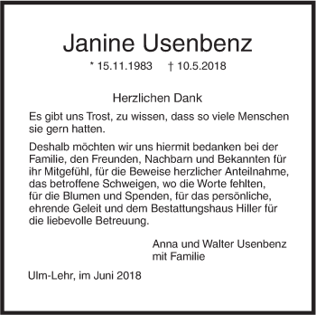 Traueranzeige von Janine Usenbenz von SÜDWEST PRESSE Ausgabe Ulm/Neu-Ulm