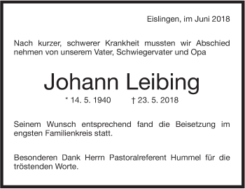 Traueranzeige von Johann Leibing von NWZ Neue Württembergische Zeitung