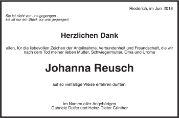 Traueranzeige von Johanna Reusch von Metzinger-Uracher Volksblatt