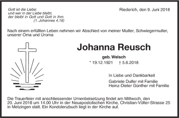 Traueranzeige von Johanna Reusch von Metzinger-Uracher Volksblatt