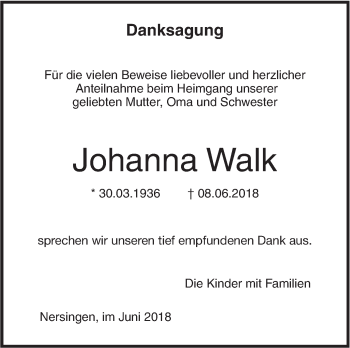 Traueranzeige von Johanna Walk von SÜDWEST PRESSE Ausgabe Ulm/Neu-Ulm