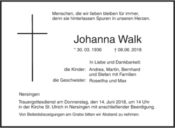 Traueranzeige von Johanna Walk von SÜDWEST PRESSE Ausgabe Ulm/Neu-Ulm