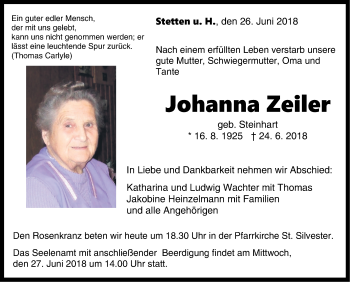 Traueranzeige von Johanna Zeiler von Hohenzollerische Zeitung