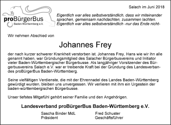 Traueranzeige von Johannes Frey von NWZ Neue Württembergische Zeitung