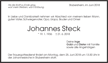 Traueranzeige von Johannes Steck von Geislinger Zeitung