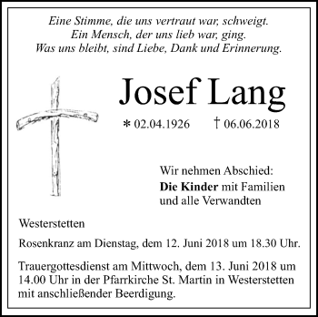 Traueranzeige von Josef Lang von SÜDWEST PRESSE Ausgabe Ulm/Neu-Ulm