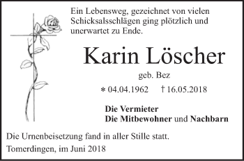 Traueranzeige von Karin Löscher von SÜDWEST PRESSE Ausgabe Ulm/Neu-Ulm