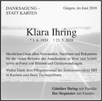 Traueranzeige von Klara Ihring von Geislinger Zeitung