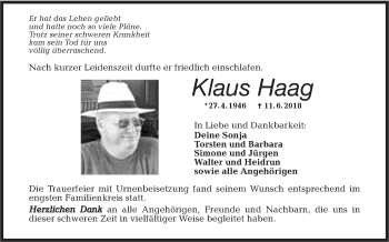 Traueranzeige von Klaus Haag von Haller Tagblatt