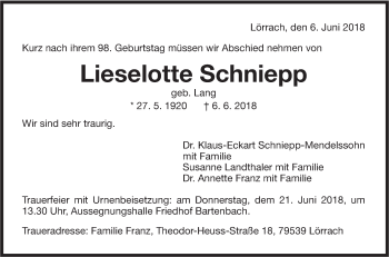 Traueranzeige von Lieselotte Schniepp von NWZ Neue Württembergische Zeitung