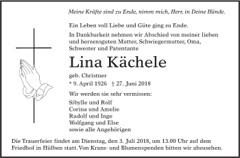 Traueranzeige von Lina Kächele von Alb-Bote/Metzinger-Uracher Volksblatt