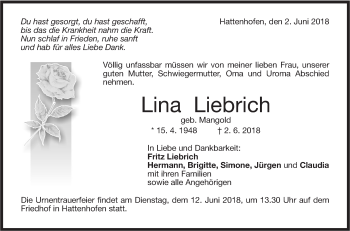 Traueranzeige von Lina Liebrich von NWZ Neue Württembergische Zeitung