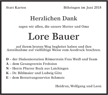 Traueranzeige von Lore Bauer von Metzinger-Uracher Volksblatt