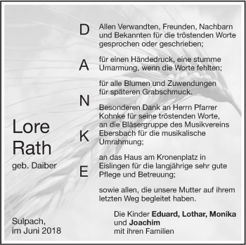 Traueranzeige von Lore Rath von NWZ Neue Württembergische Zeitung