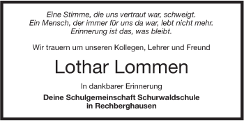 Traueranzeige von Lothar Lommen von NWZ Neue Württembergische Zeitung