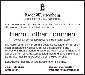 Traueranzeige von Lothar Lommen von NWZ Neue Württembergische Zeitung