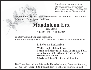 Traueranzeige von Magdalena Erz von SÜDWEST PRESSE Ausgabe Ulm/Neu-Ulm